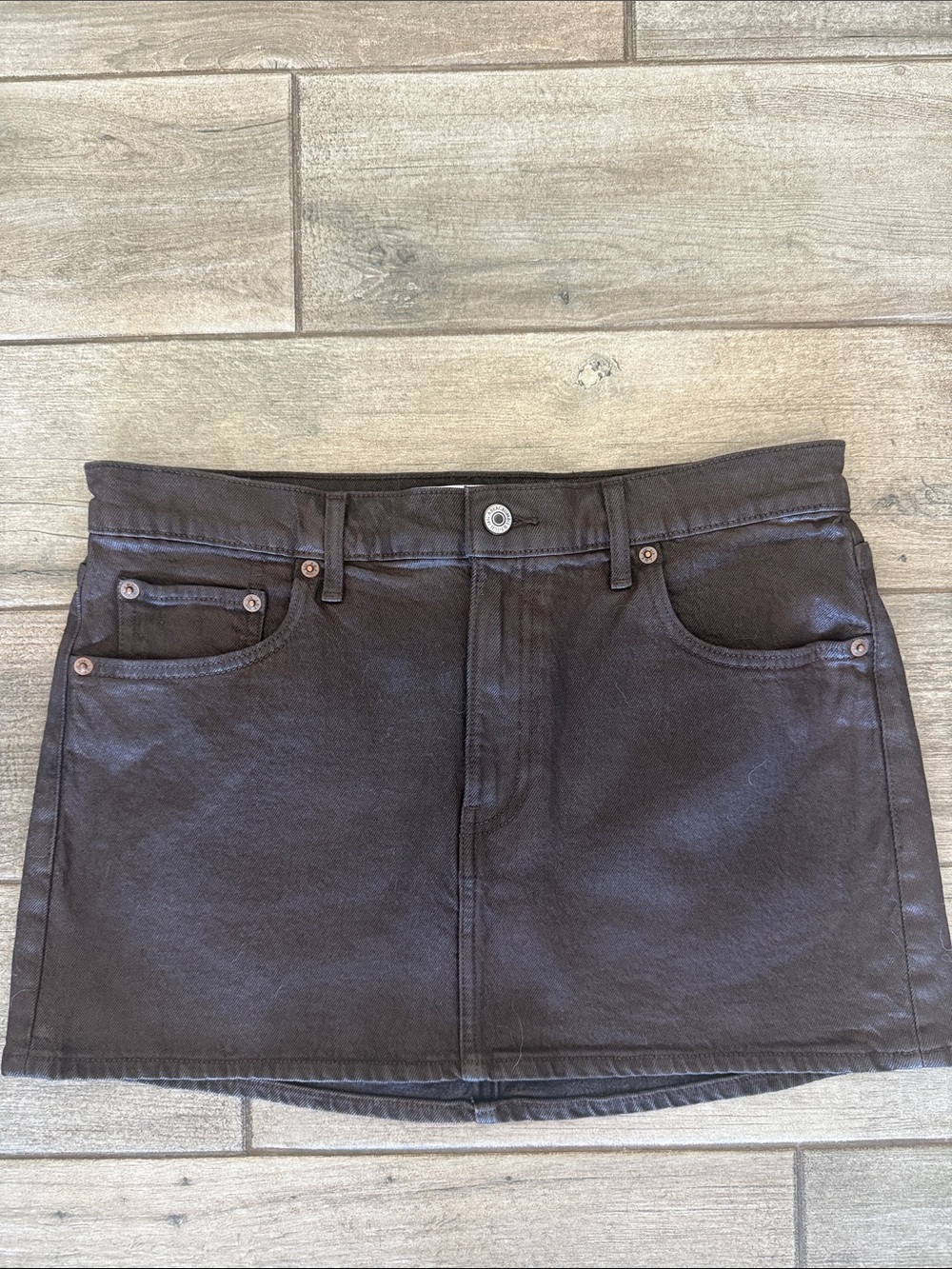 NWOT Abercrombie & Fitch Coated Dark Brown Denim Mini Skirt
